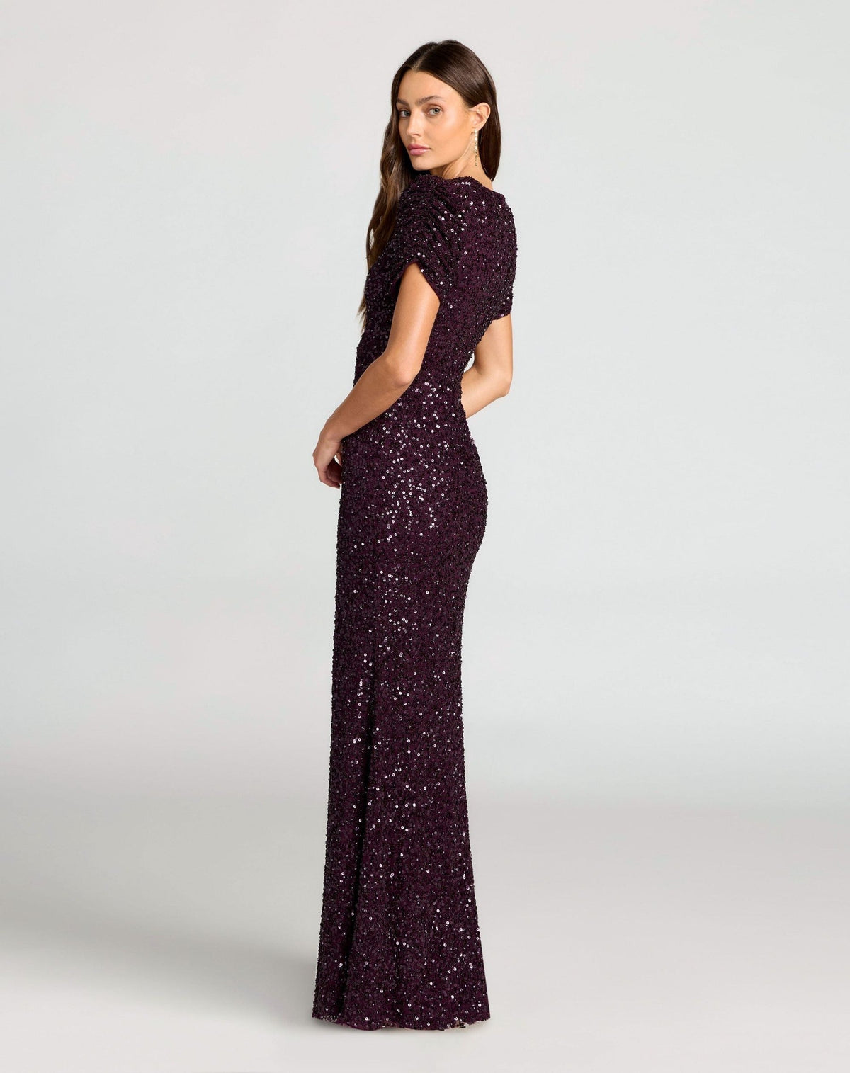 Blackberry Gathered Short Sleeve Embellished Gown