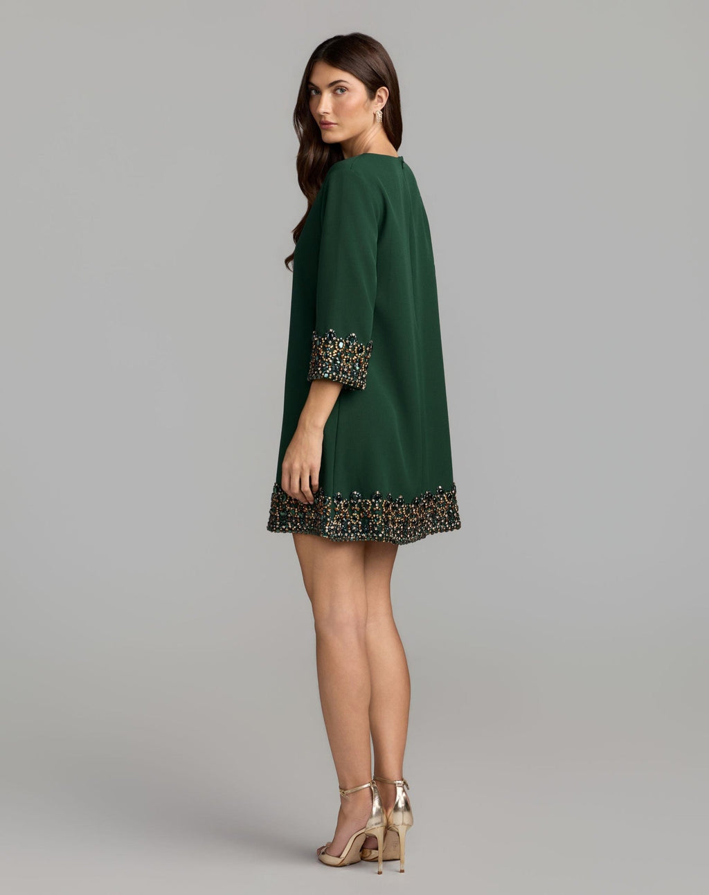 Deep Green Embellished Trim Mini Dress With 3/4 Sleeves