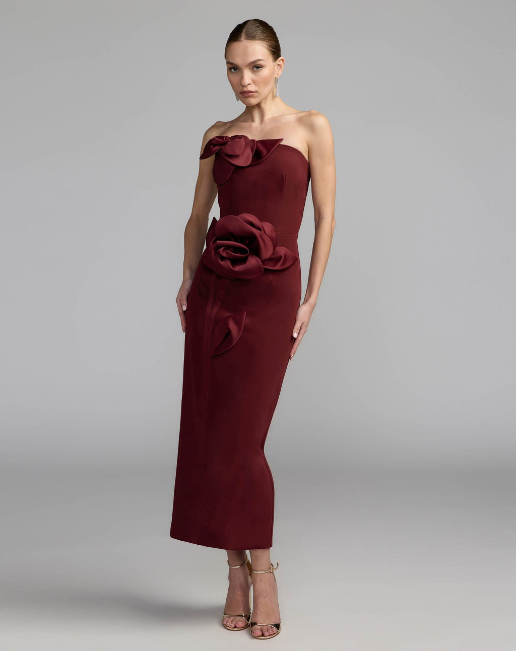 Wine Strapless Crepe Dress With 3D Satin Flowers