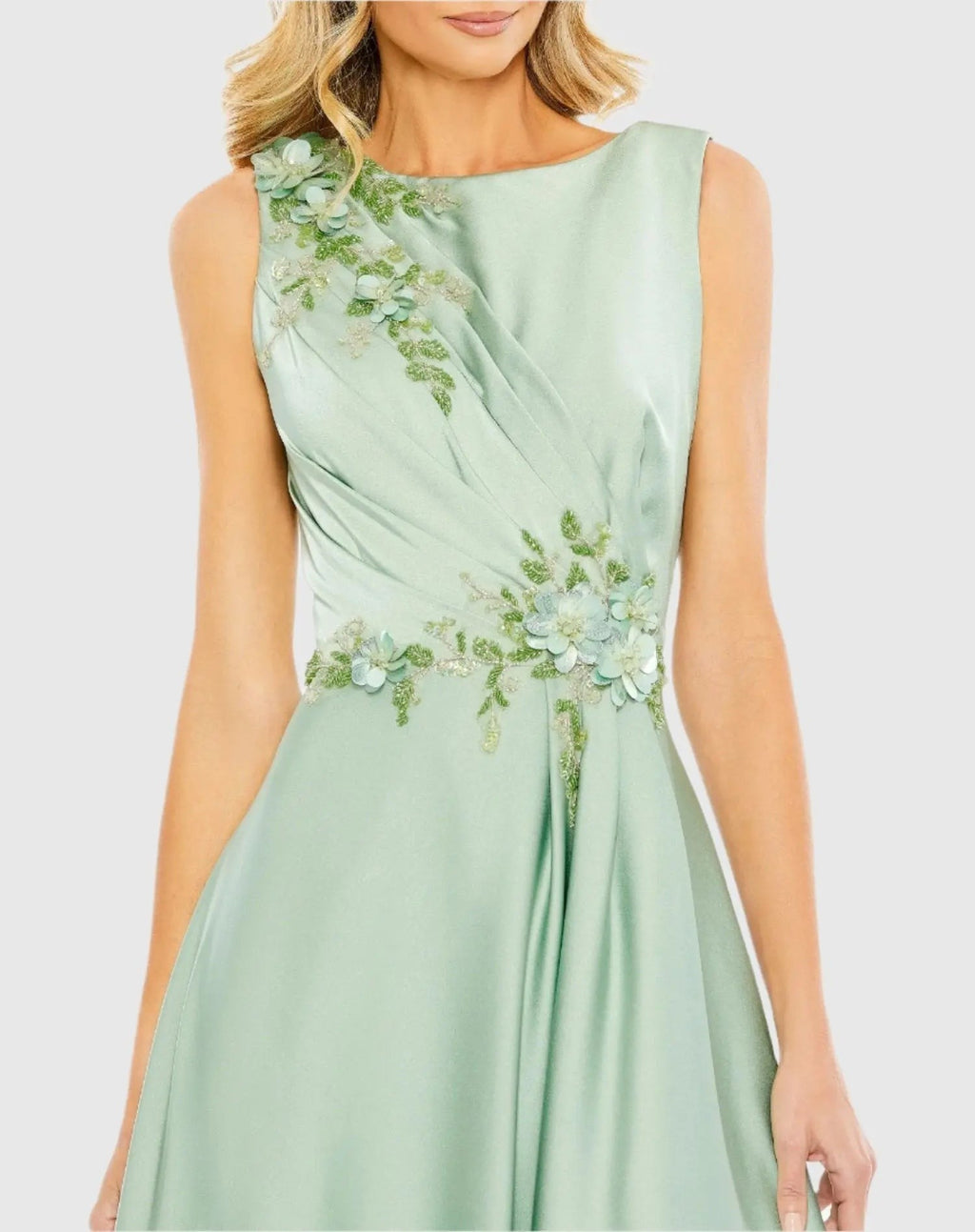 Sage Floral Applique Sleeveless A-Line Gown