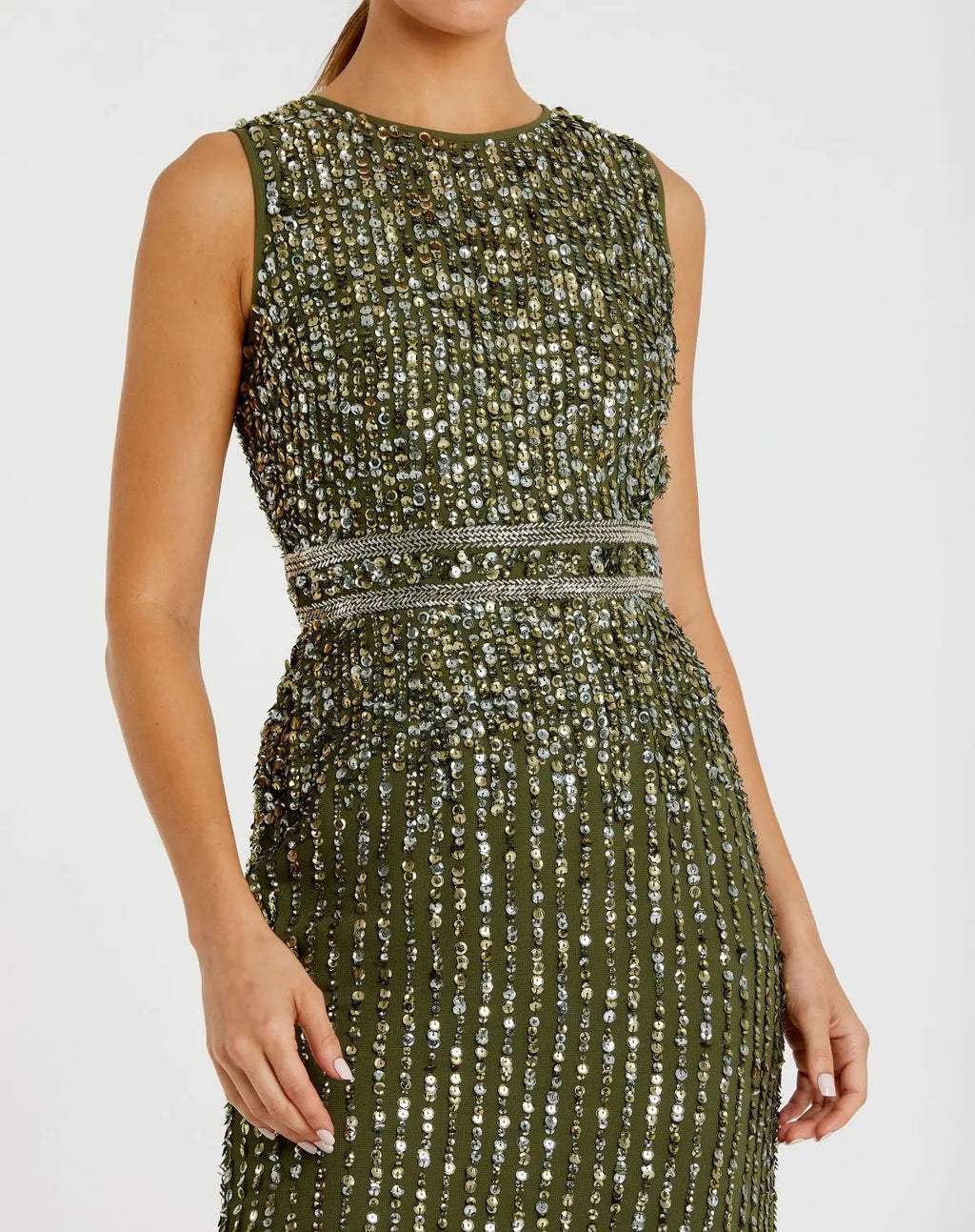 Olive Sequined High Neck Sleeveless Column Gown