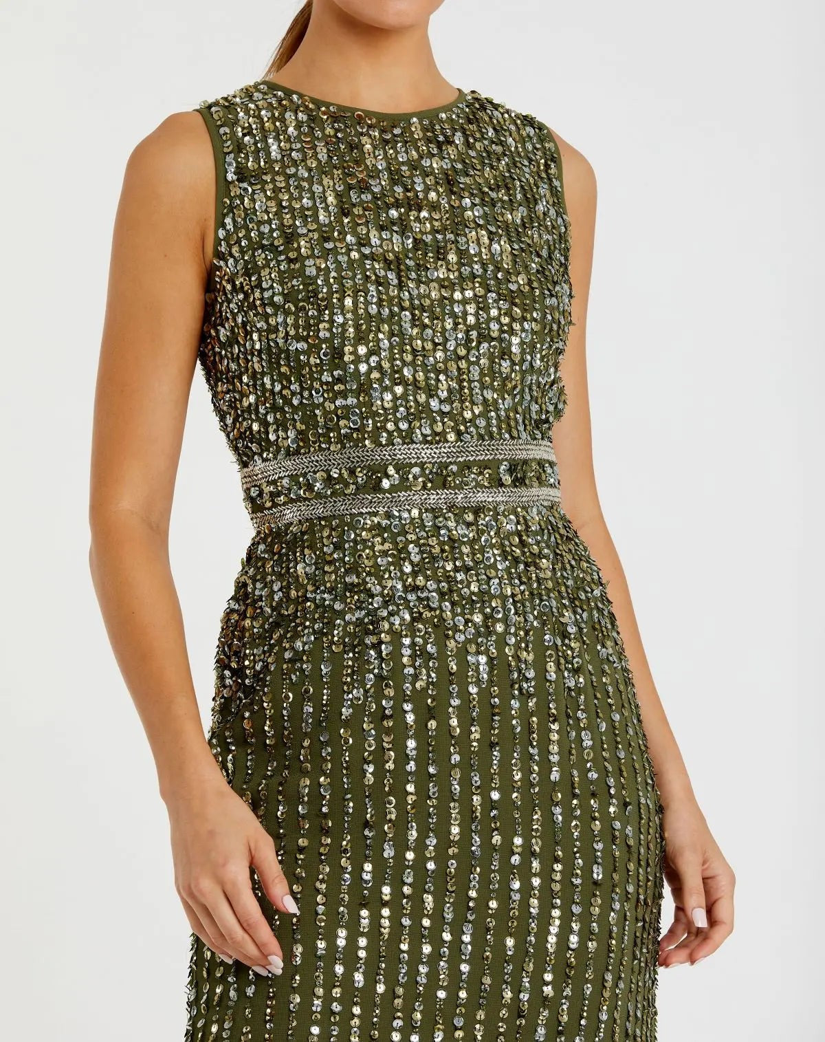 Olive Sequined High Neck Sleeveless Column Gown
