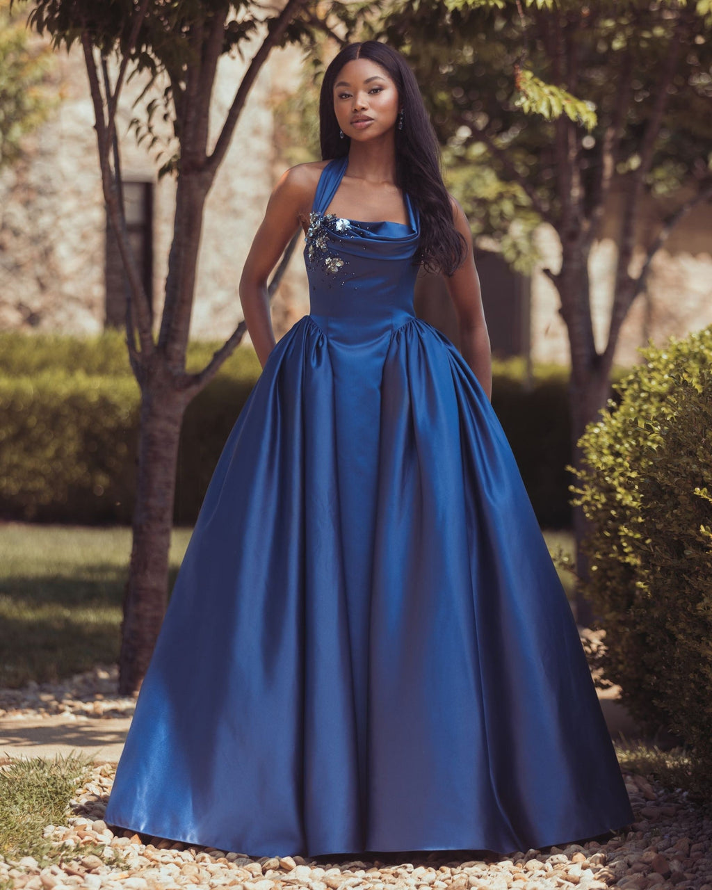 Sapphire Sleeveless Open Back Satin Ball Gown