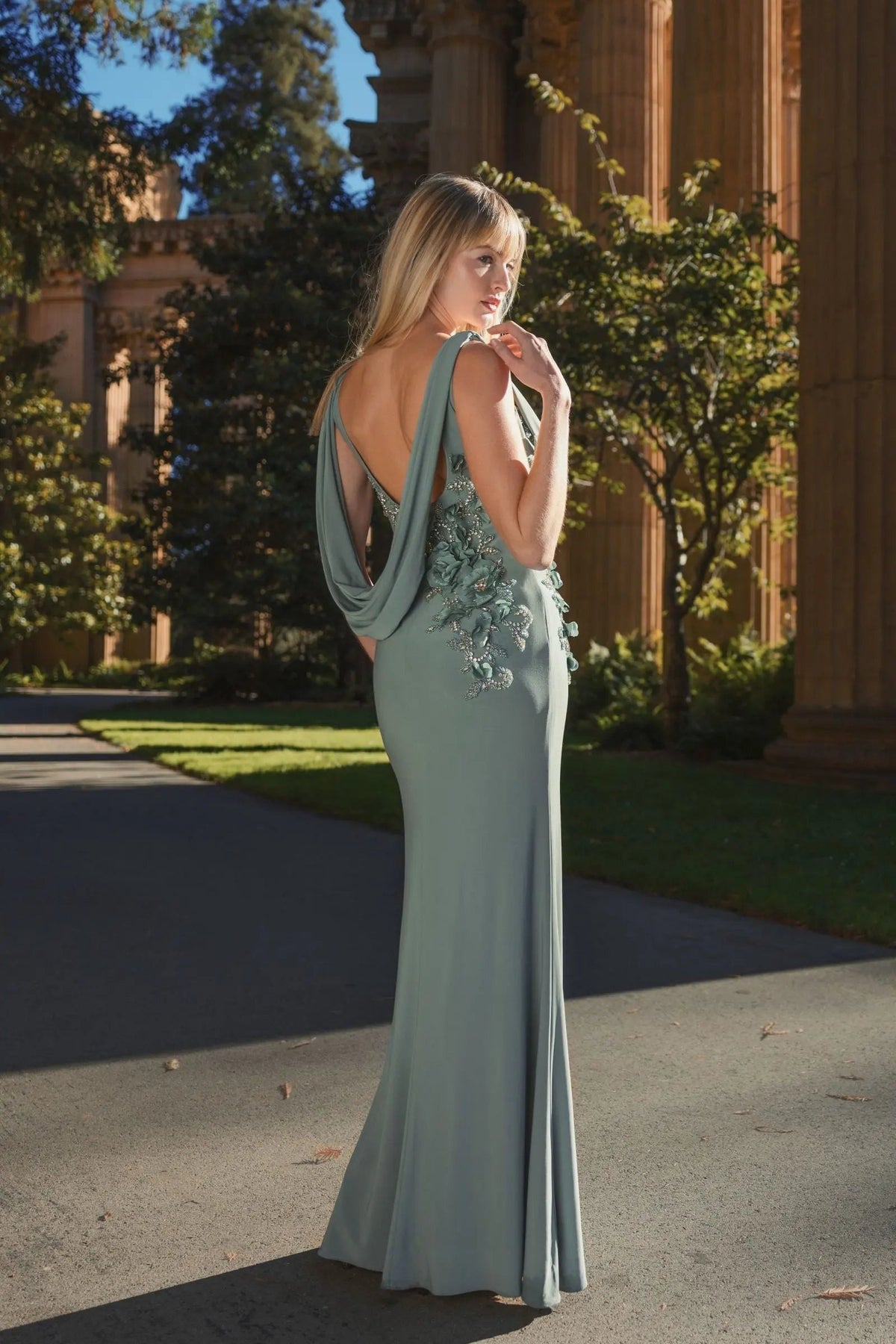 Green Sleeveless Jersey Cowl Neck Gown With Beading