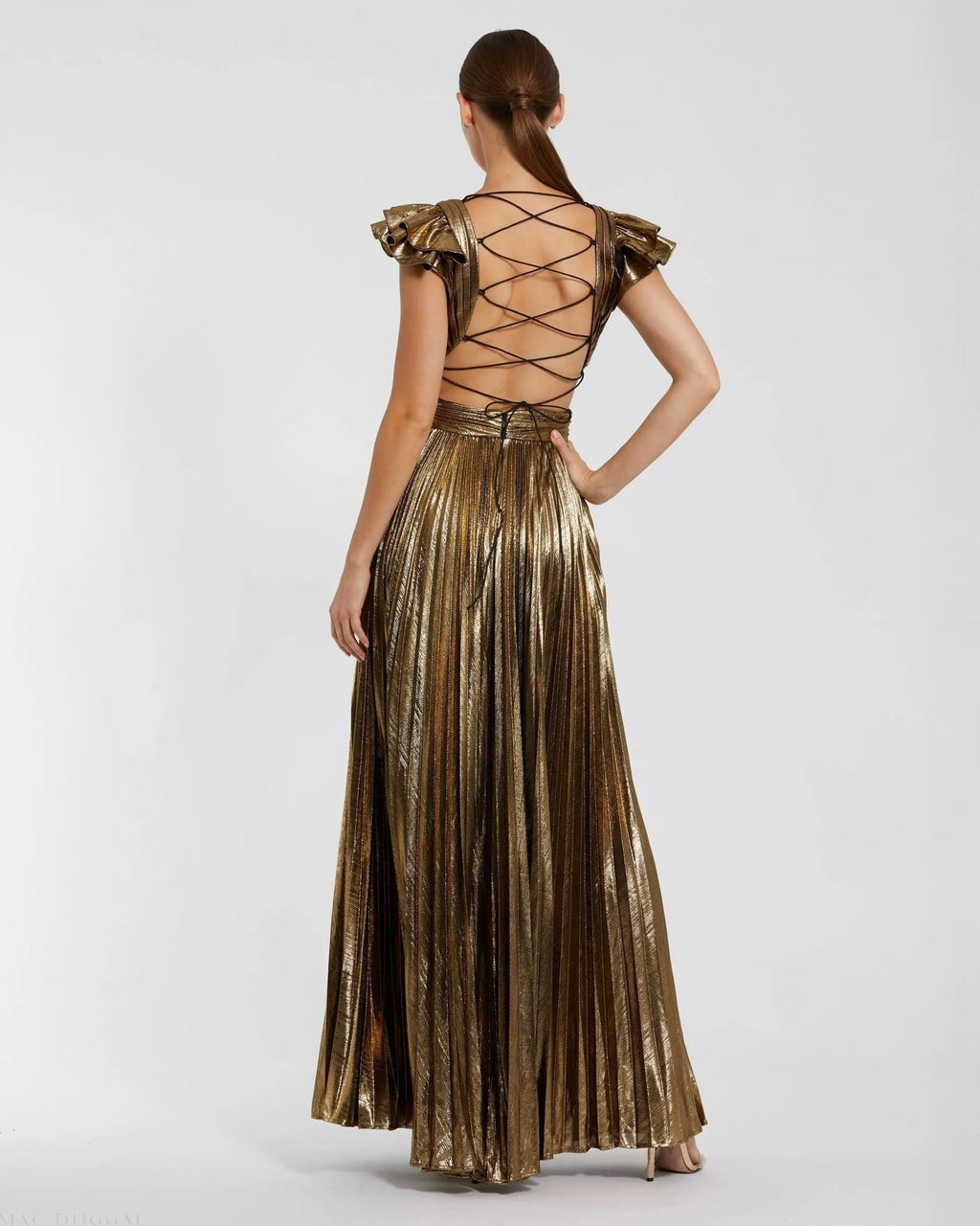 Gold Ruffle Sleeve Cutout Pleated Metallic Gown