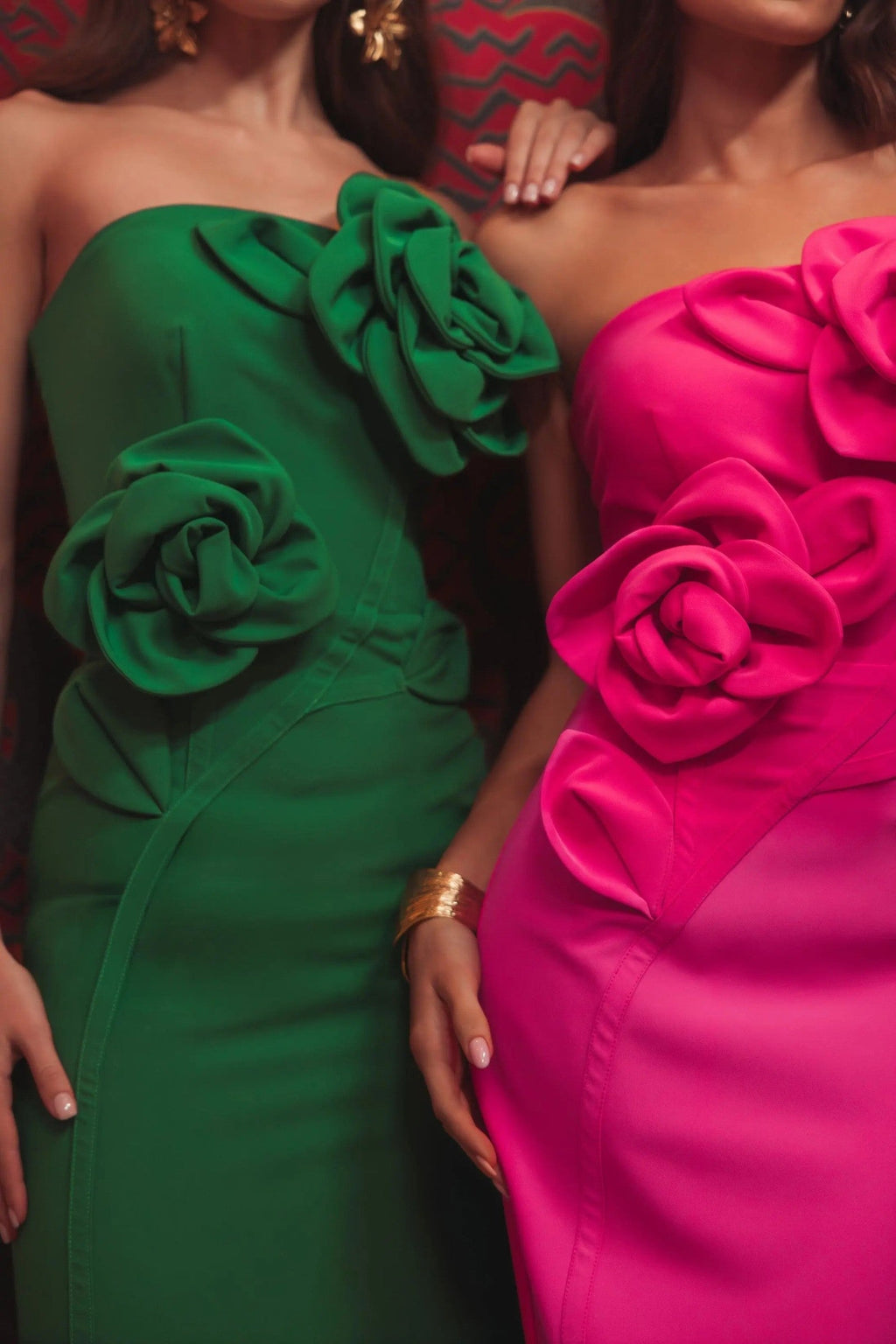 Hot Pink Strapless Crepe Dress With 3D Flower Detail