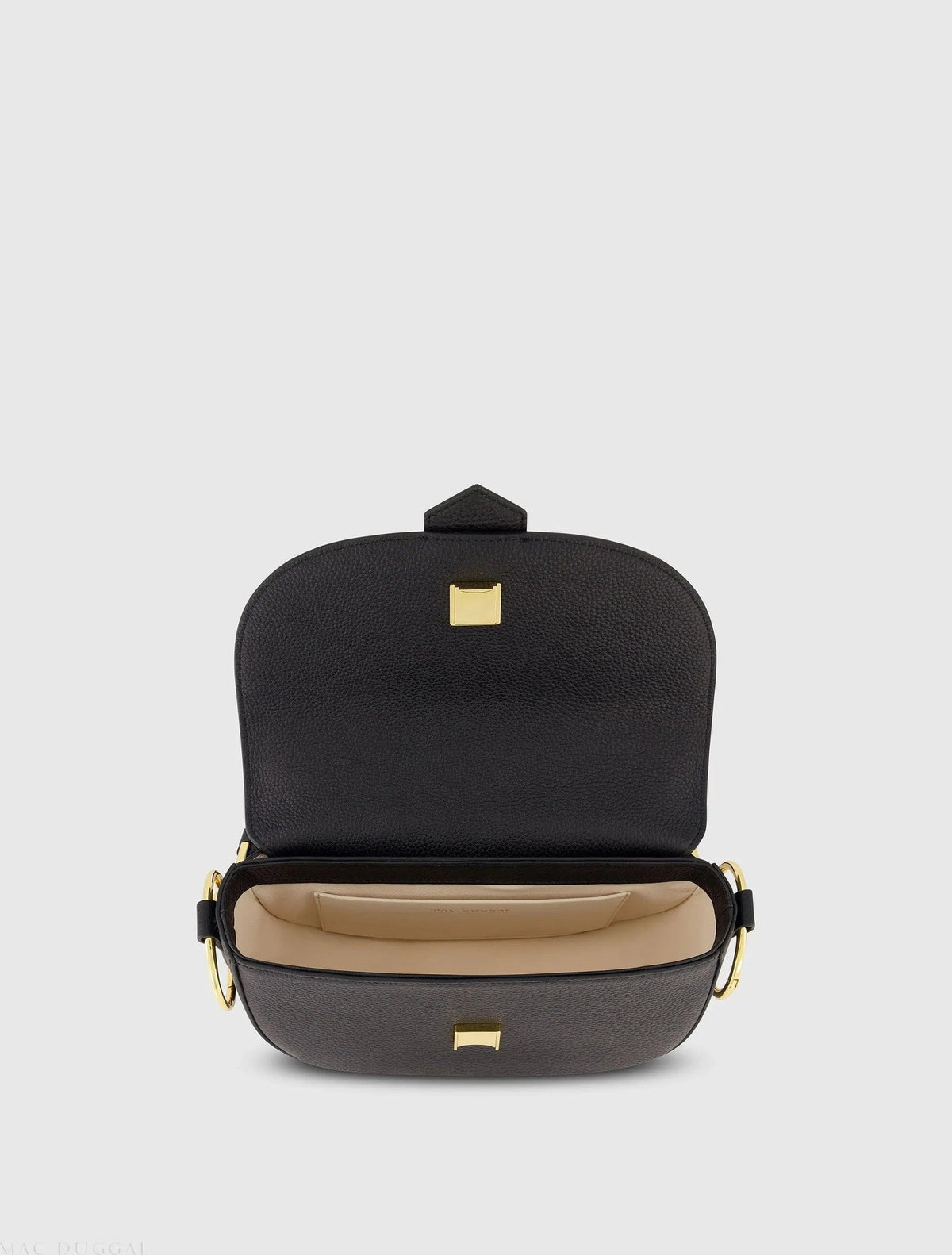 Black Grain Leather Saddle Bag With Gold Hardware