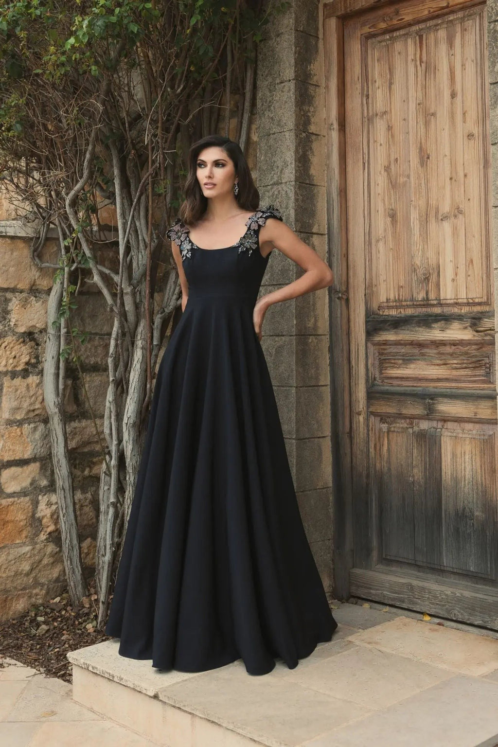 Black Crepe Sleeveless Ballgown With Rhinestone Flowers