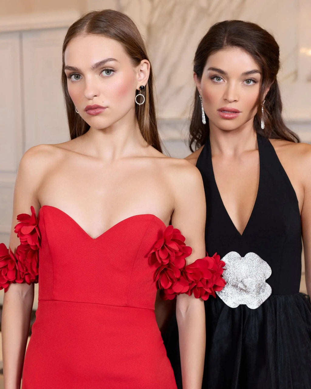 Red Crepe Off The Shoulder Gown With 3D Flowers