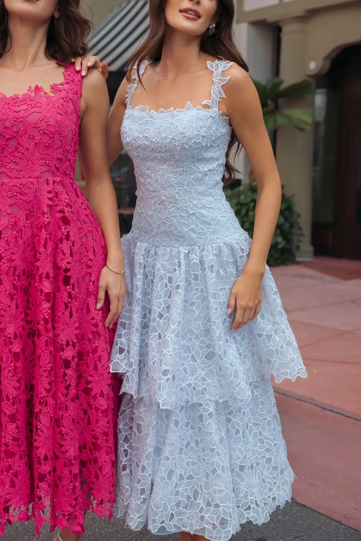 Powder Blue Sleeveless Embroidered Lace Tiered Midi Dress