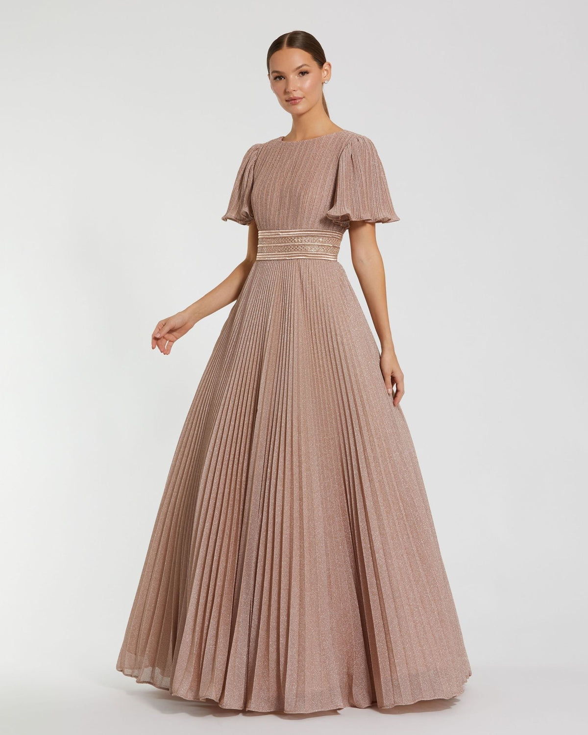 Pink Pleated Shimmering Flutter Sleeve Ball Gown