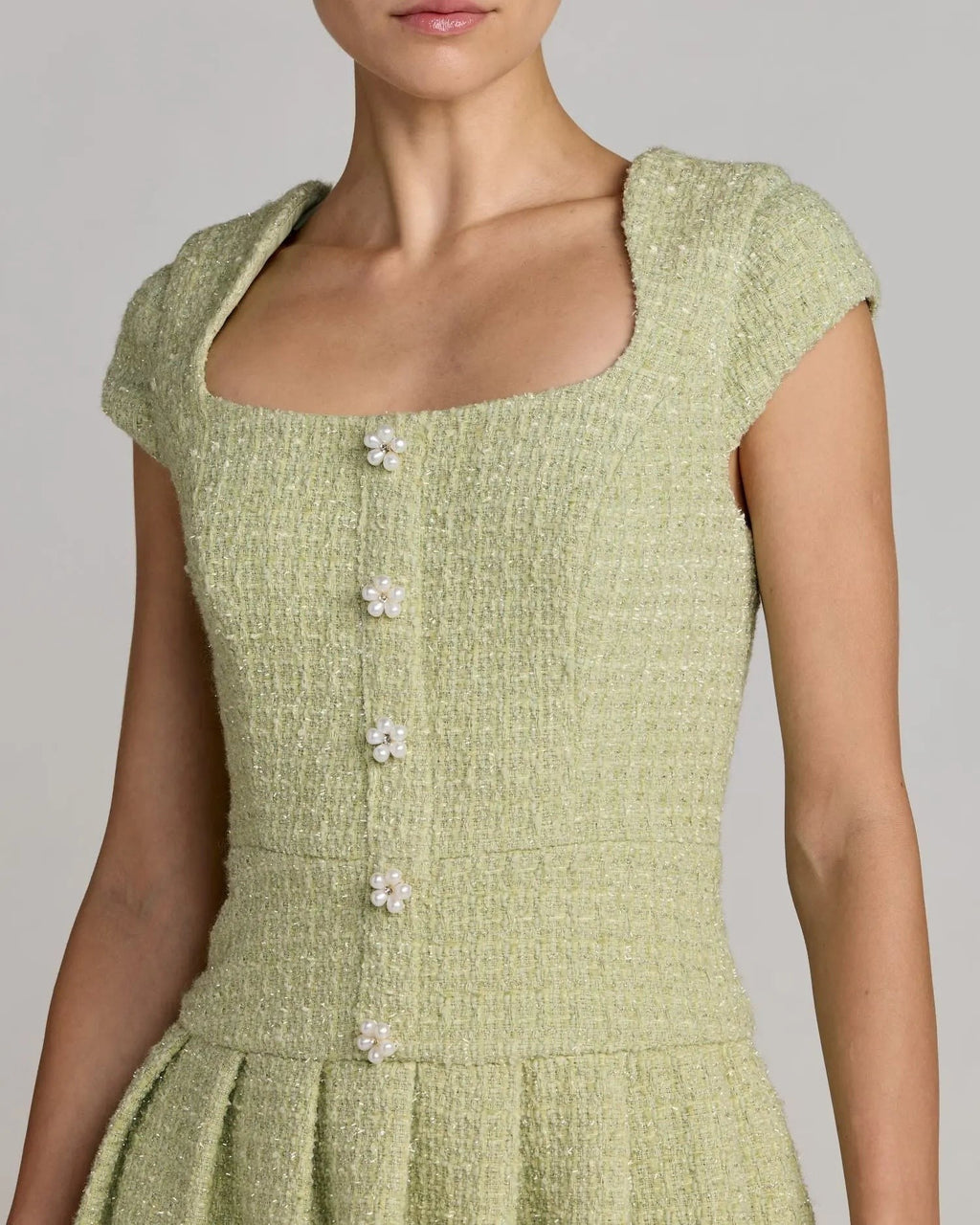 Sage Tweed Cap Sleeve Pleated Mini Dress