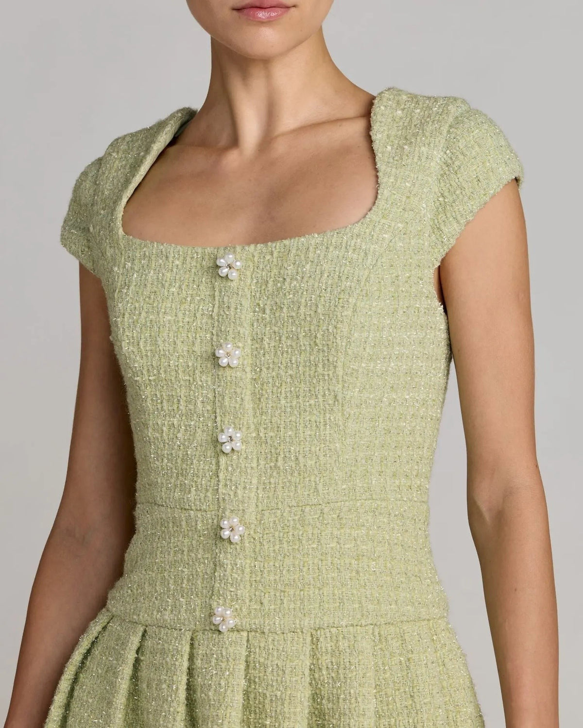 Sage Tweed Cap Sleeve Pleated Mini Dress