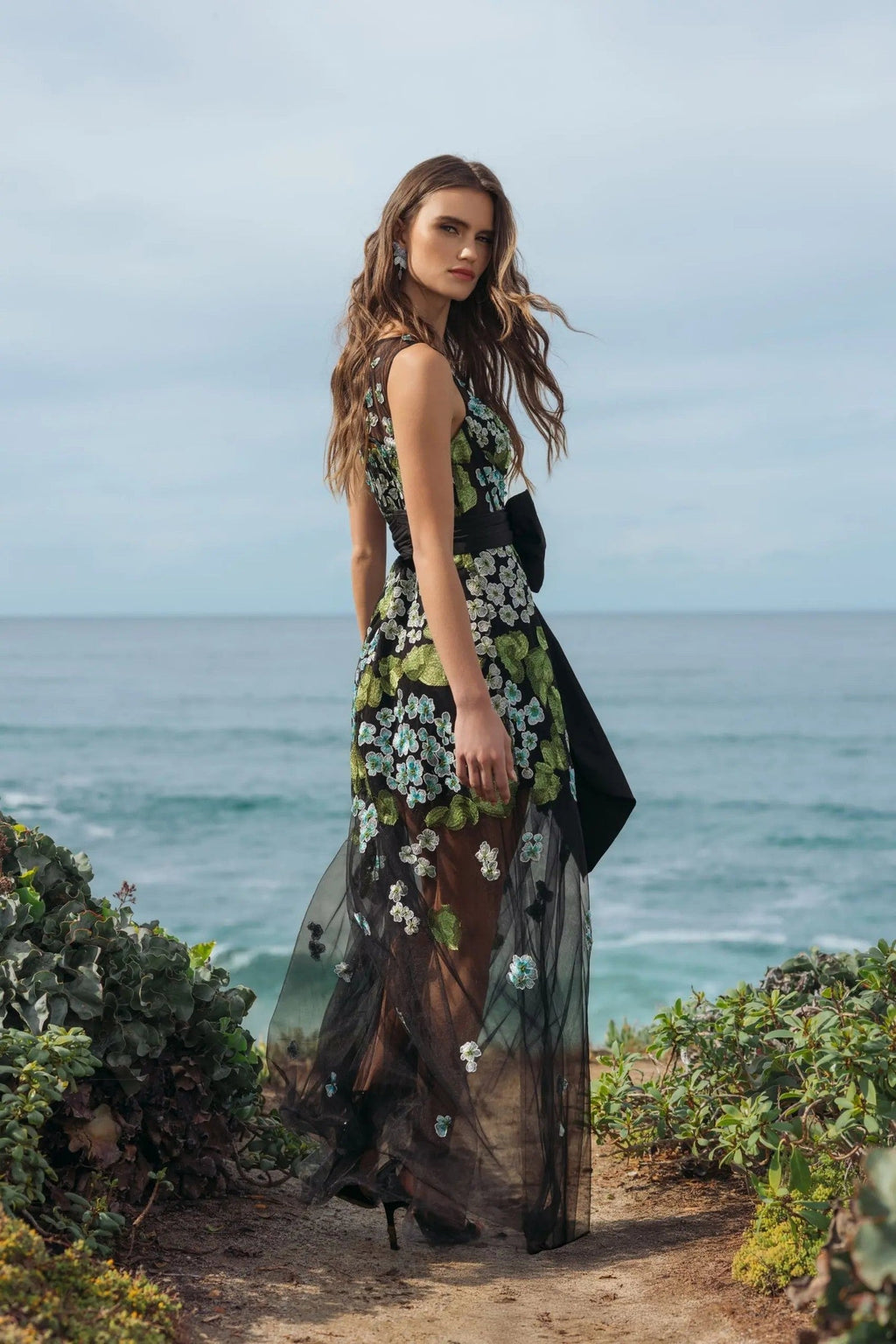 Blue Multi Floral Embroidered Corset Gown With Bow
