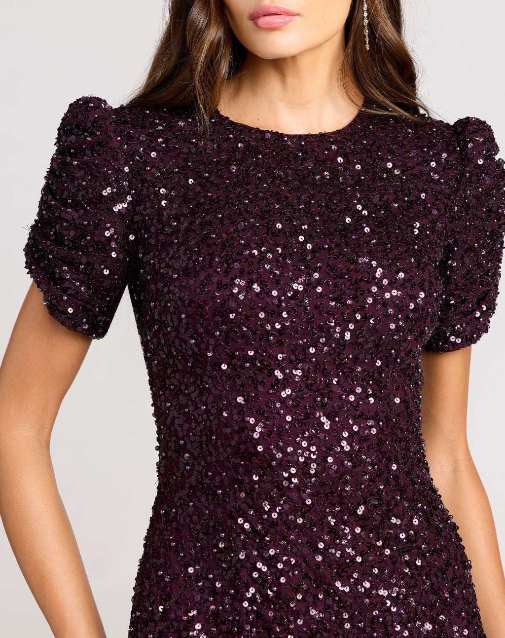 Blackberry Gathered Short Sleeve Embellished Gown