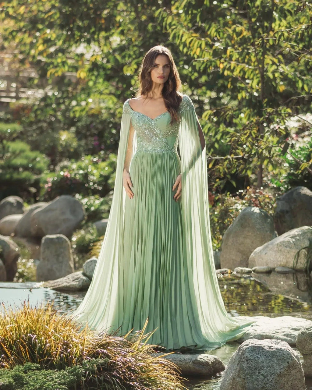 Green Embellished Chiffon Cape Sleeve A Line Gown