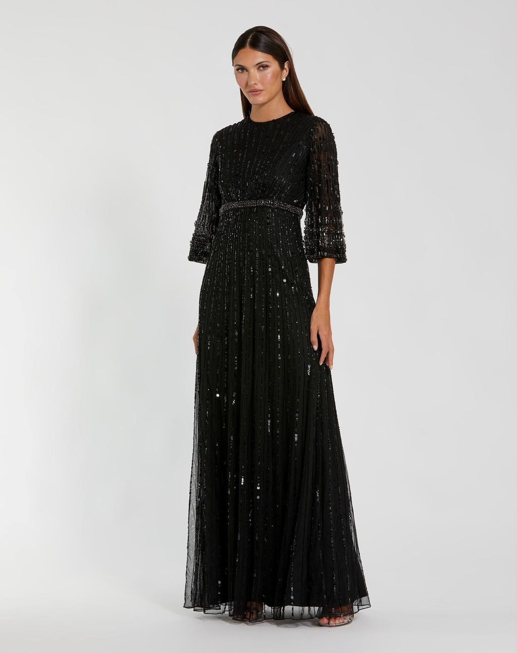 Petite Black High Neck Embellished Gown With 3/4 Sleeves