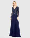 Navy Embellished Illusion V Neck Long Sleeve Gown