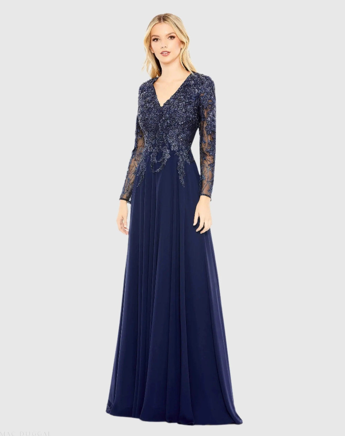 Navy Embellished Illusion V Neck Long Sleeve Gown