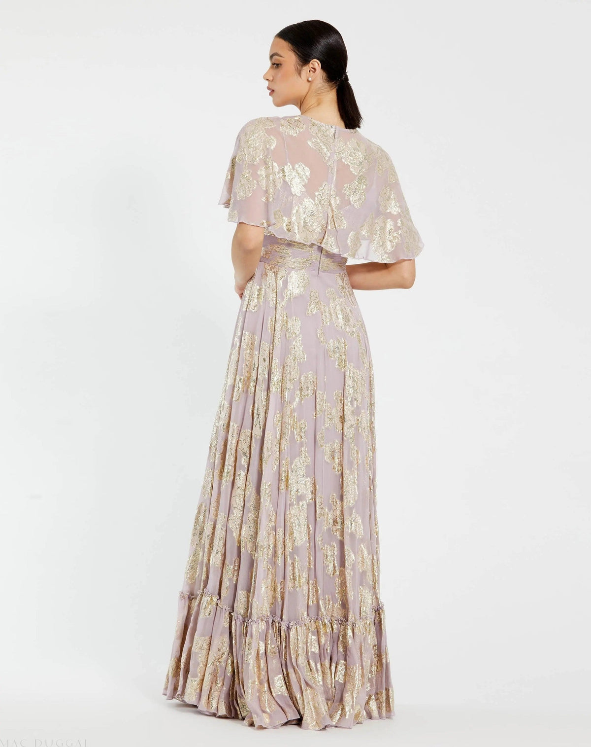 Purple Cape Sleeve A Line Floral Chiffon Gown