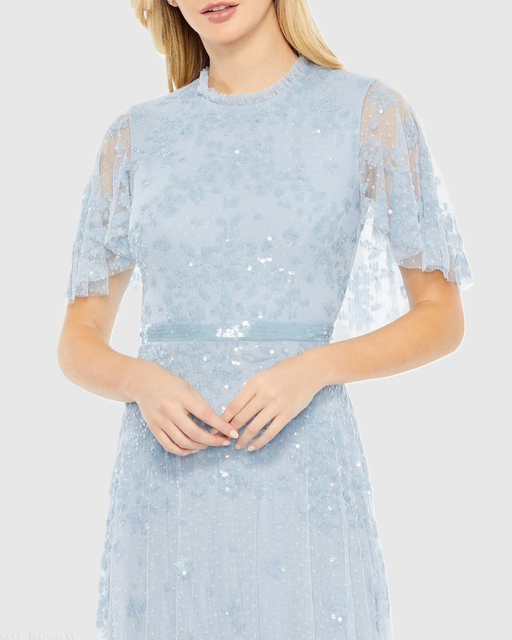 Powder Blue Sequined High Neck Flutter Sleeve A Line Gown