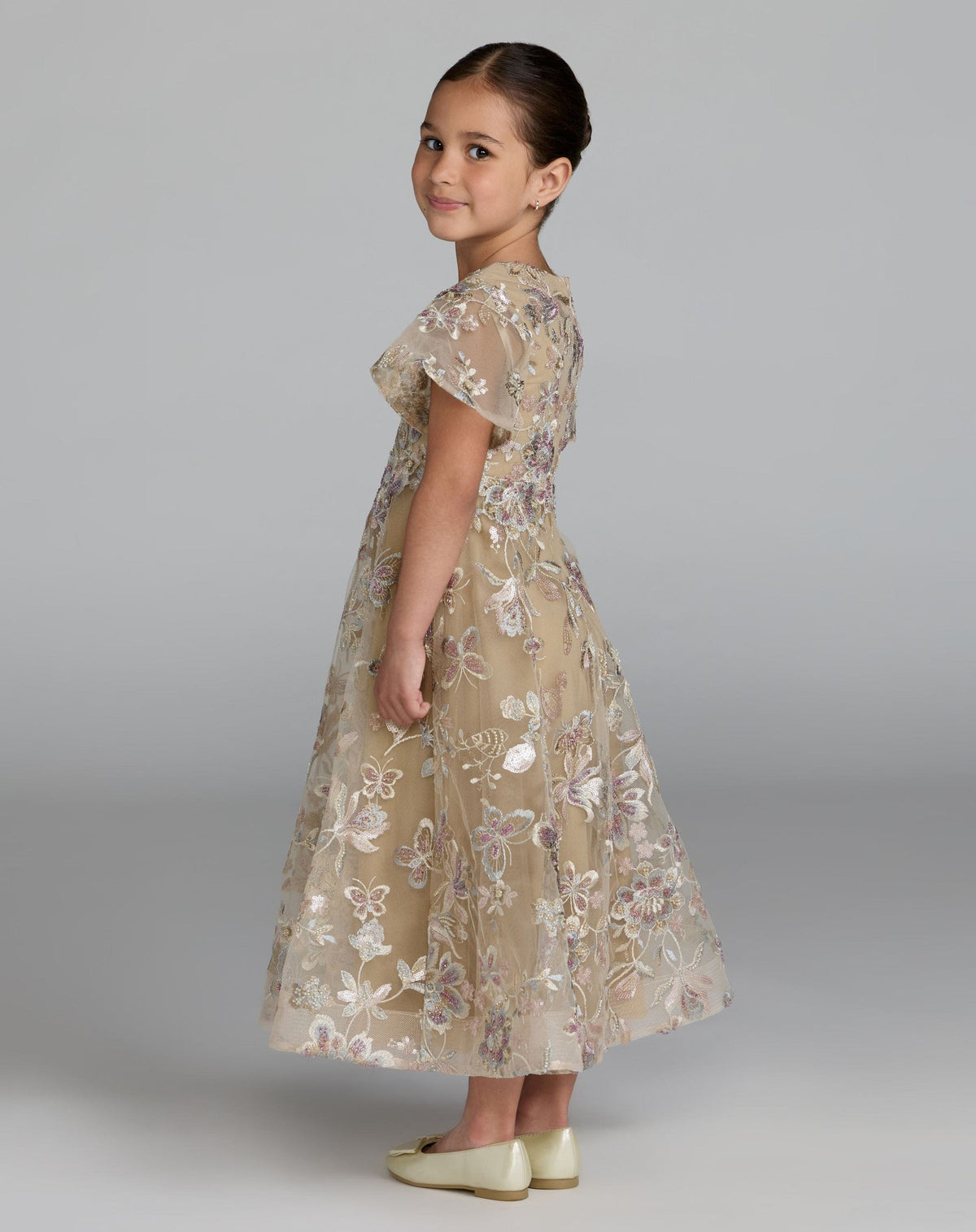 Girls Beige Floral Embroidered A-Line Midi Dress