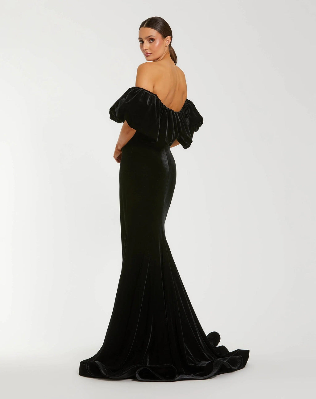 Black Off The Shoulder Ruffle Velvet Gown