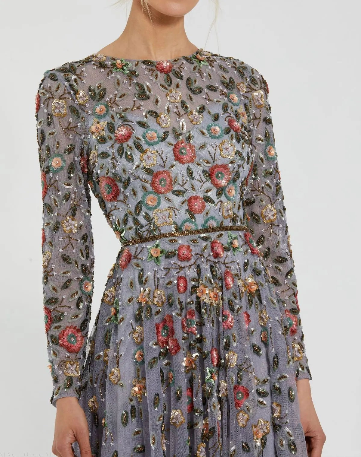 Grey Multi Embellished High Neck Long Sleeve A Line Gown