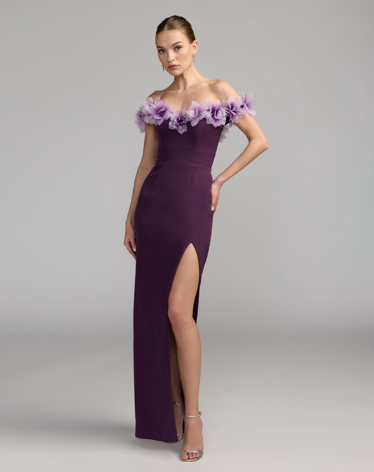 Plum Off The Shoulder Column Gown With 3D Flowers