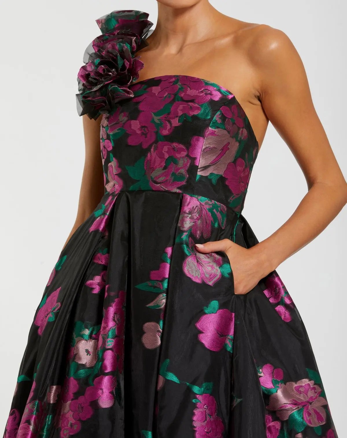 Black One Shoulder Floral Brocade Ball Gown