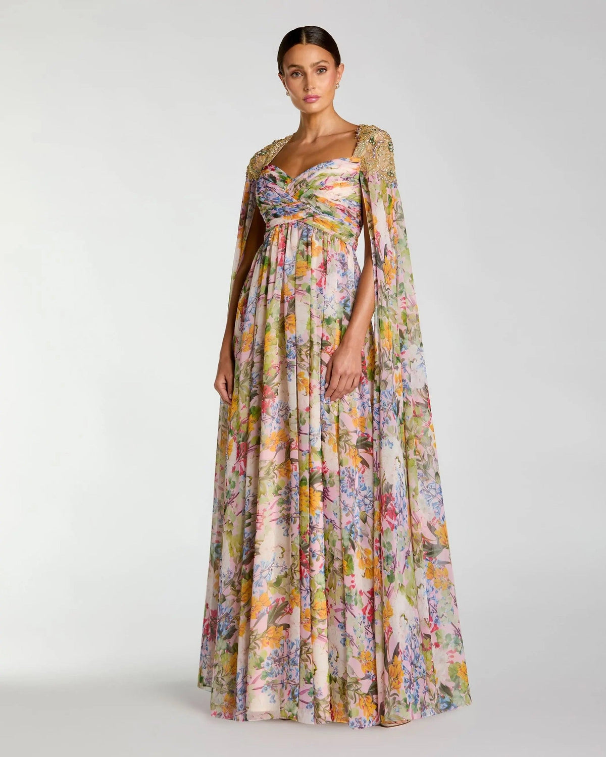 Pastel Multi Floral Gown With Beaded Cape Sleeves