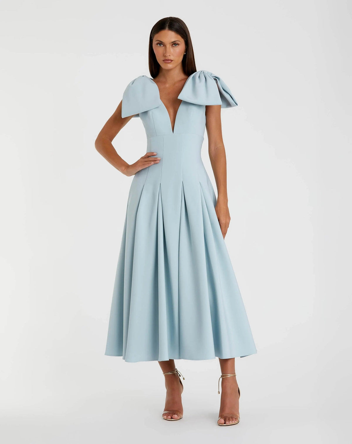 Ice Blue Crepe A Line Midi Dress With Bow Straps