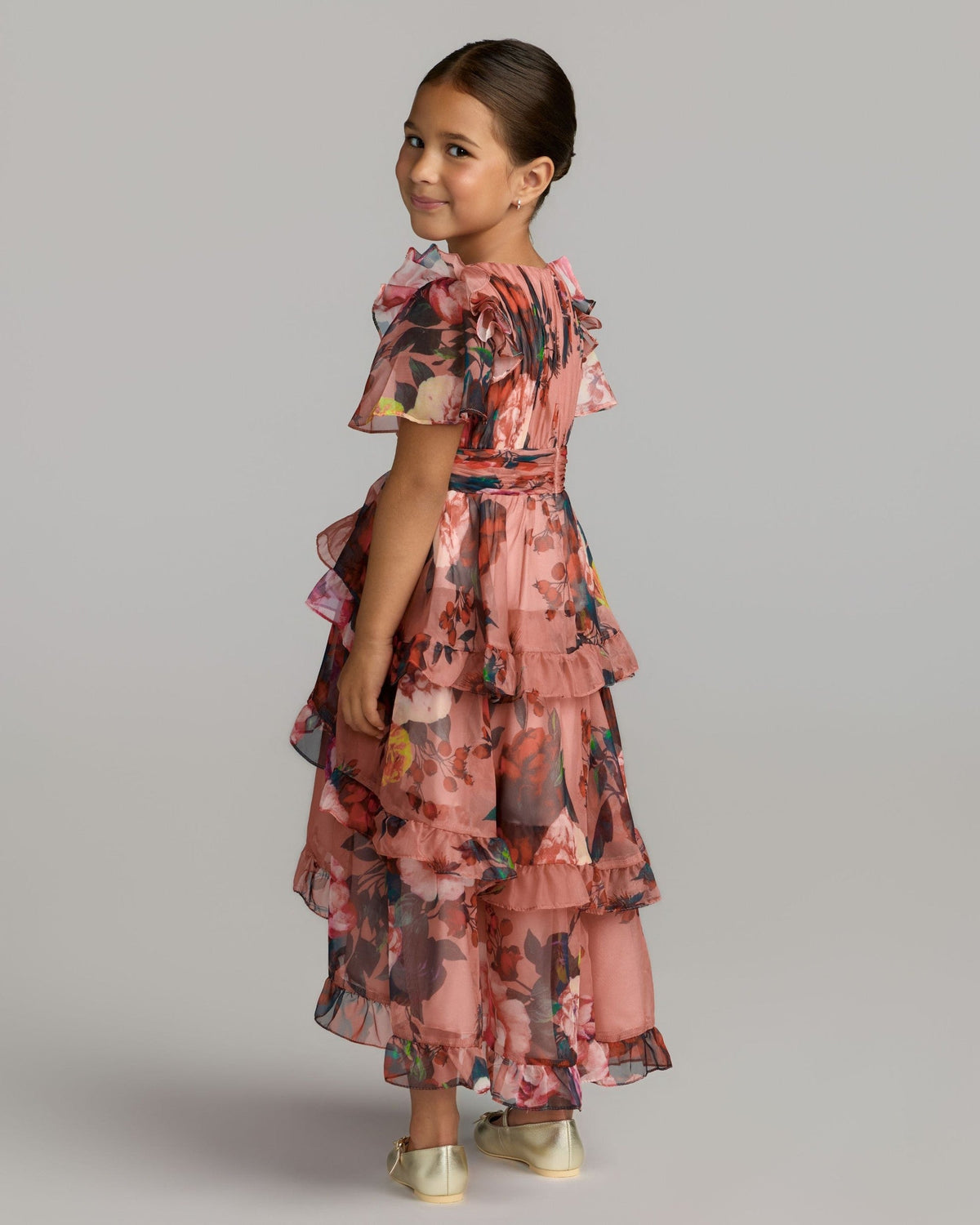 Girls Rose Multi Floral Chiffon Tiered Ruffle Dress