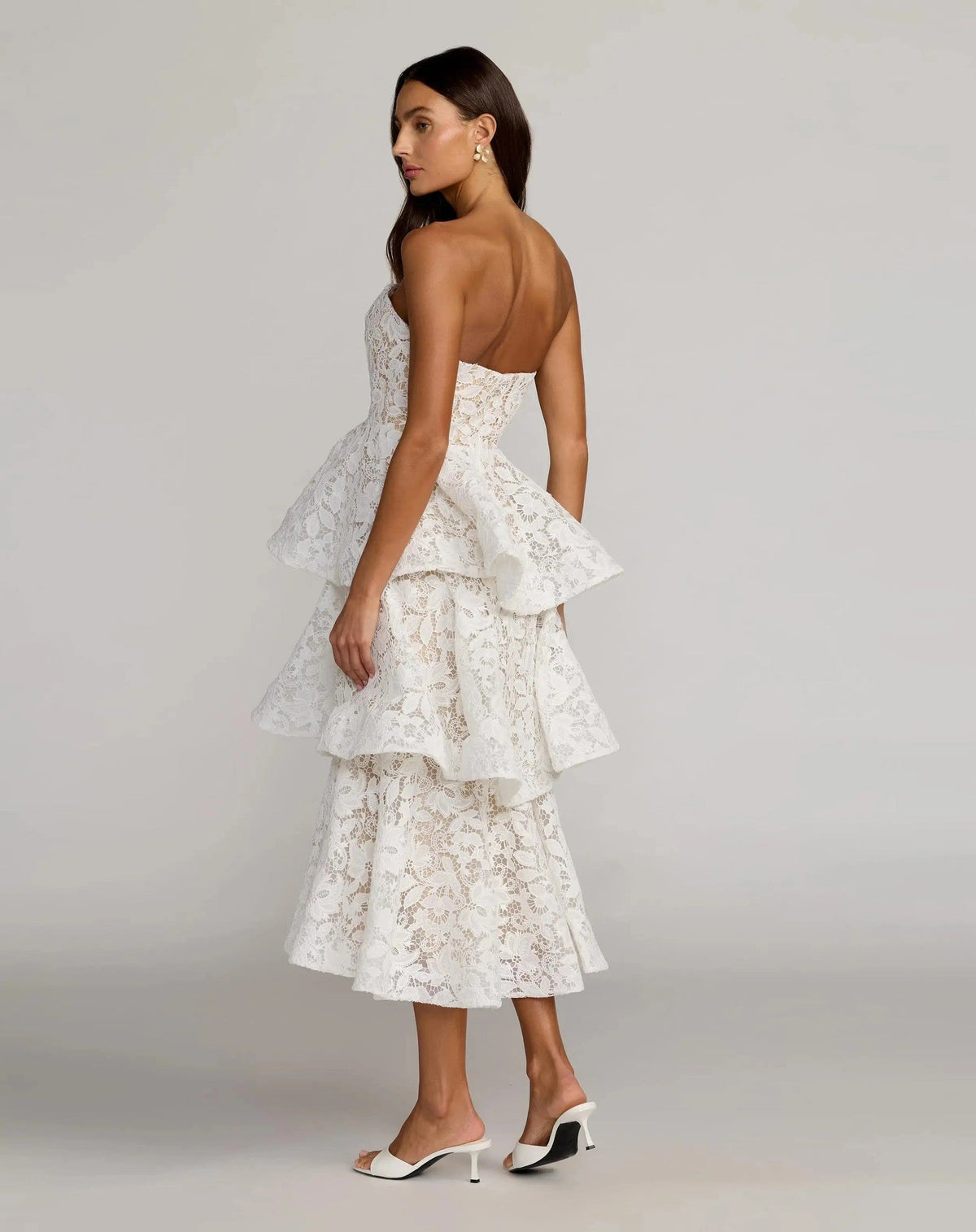 Ivory Strapless Lace Tiered Ruffle Midi Dress