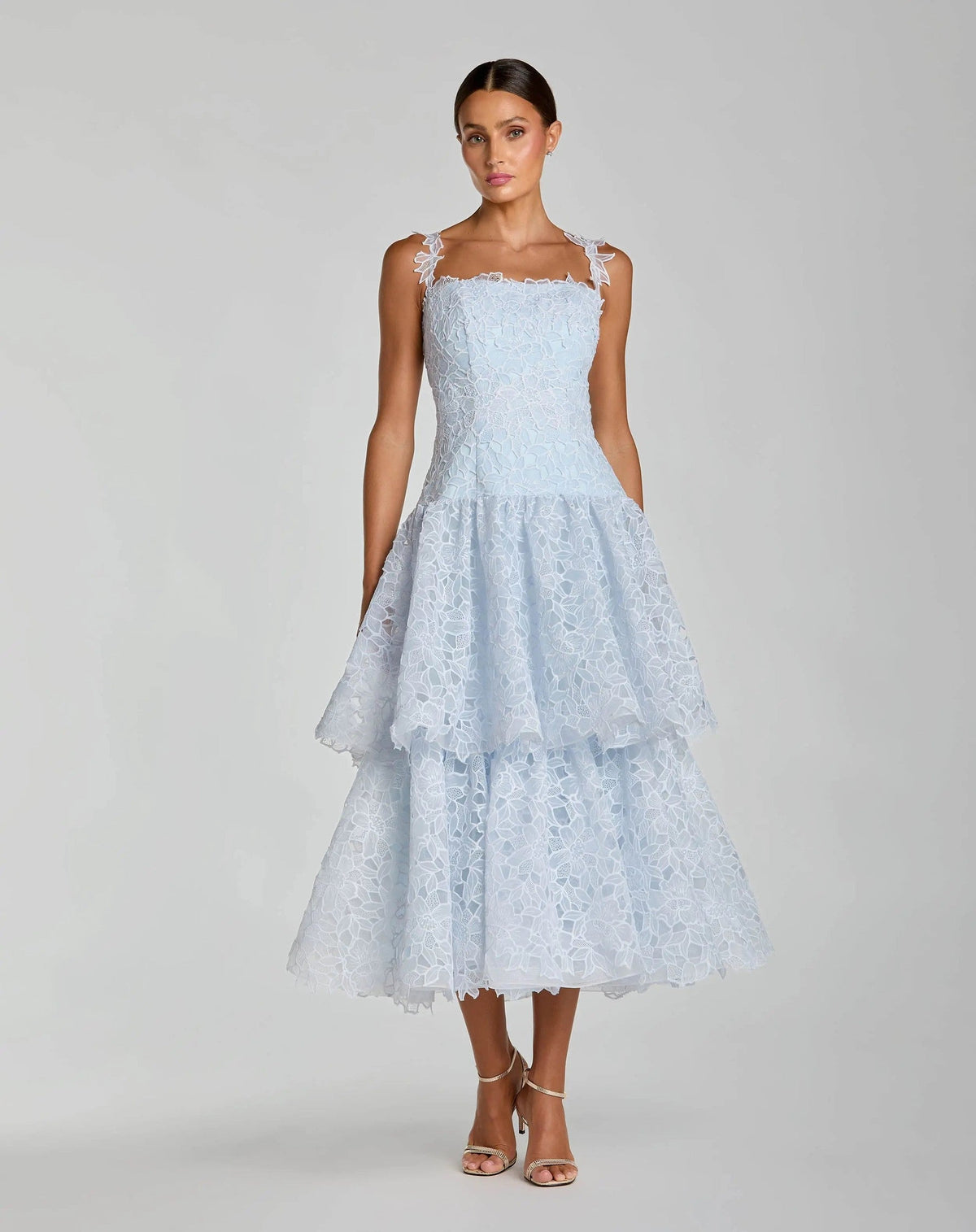 Petite Powder Blue Sleeveless Embroidered Lace Tiered Midi Dress