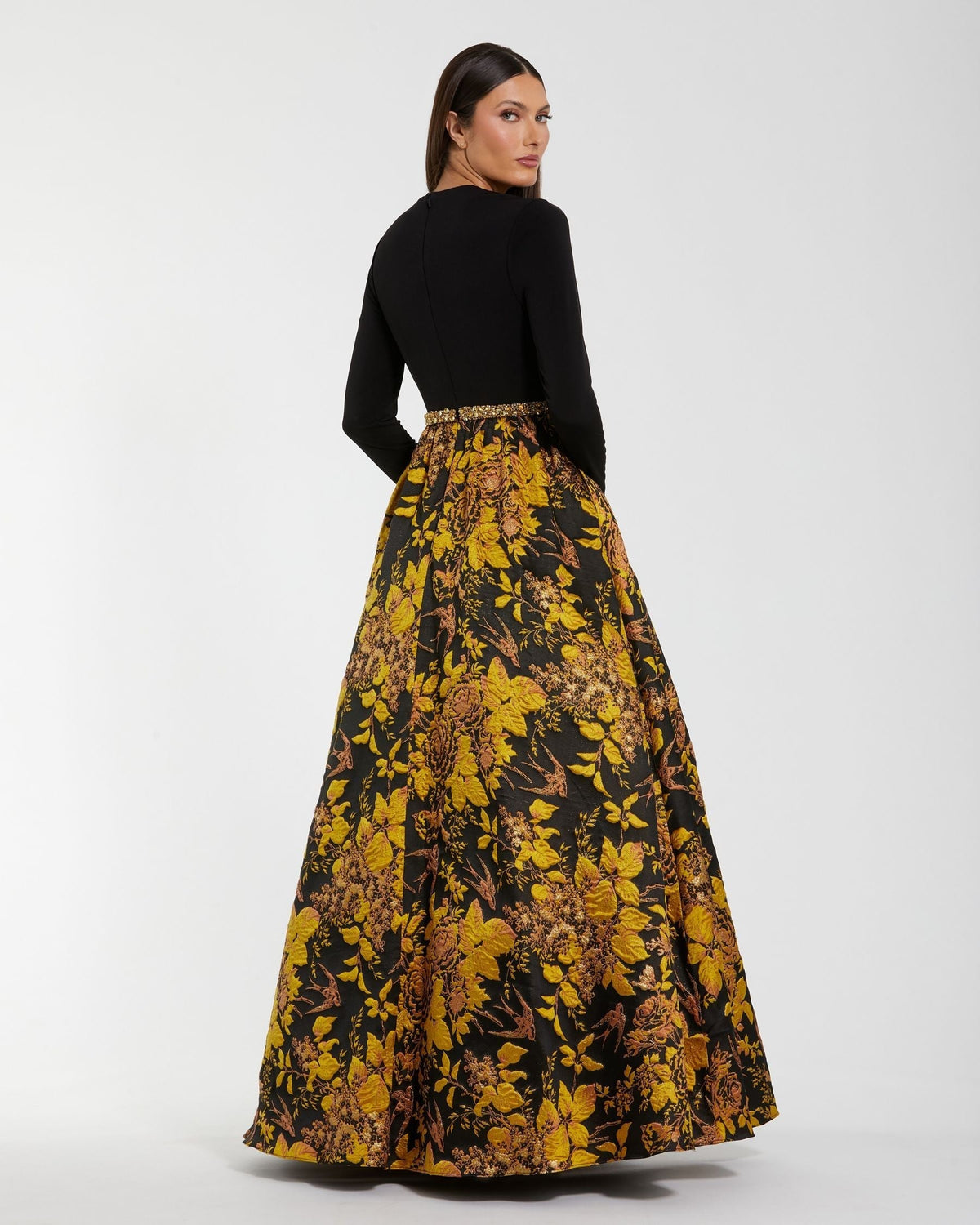 Black Long Sleeve Floral Brocade Ball Gown