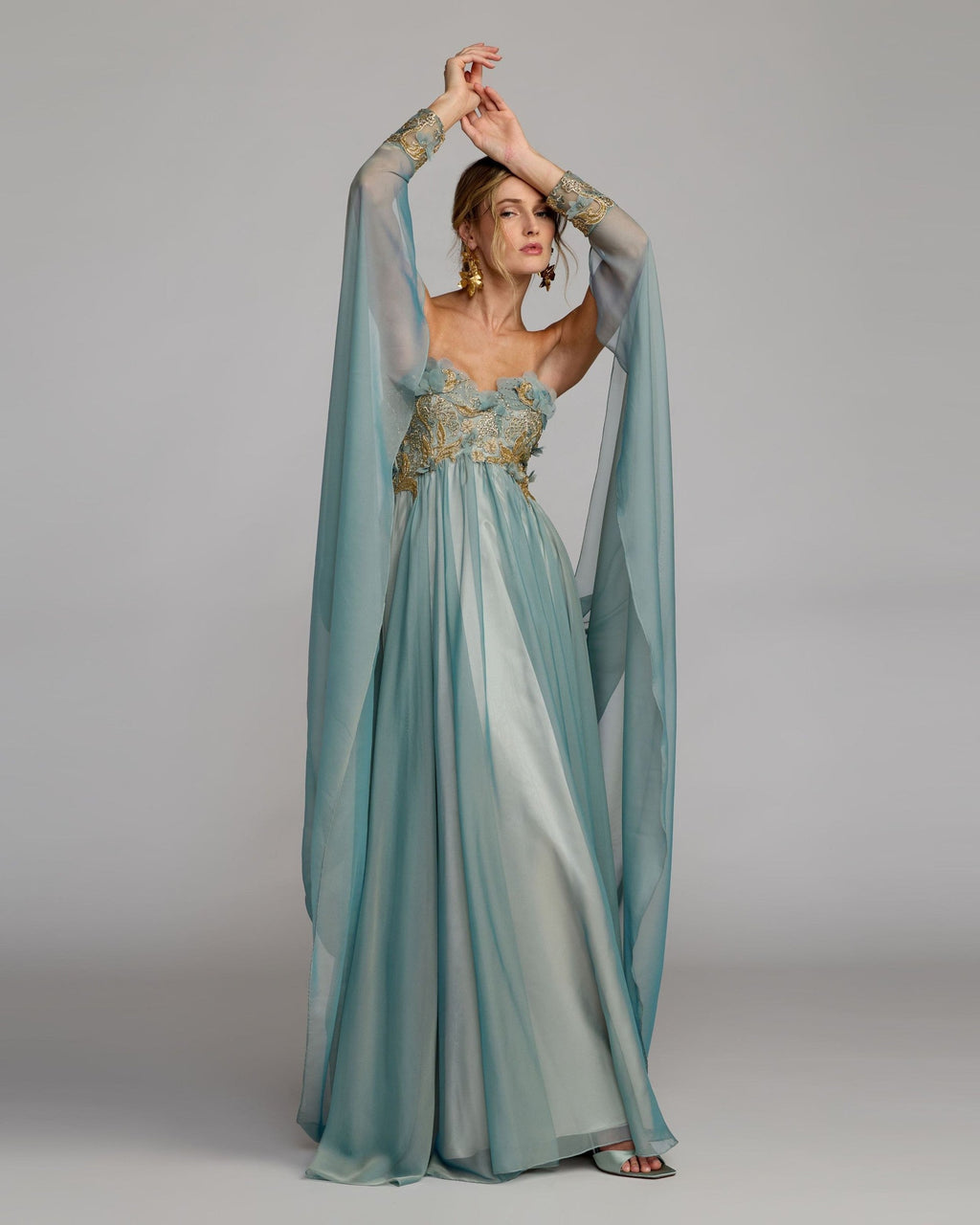 Seafoam Strapless Embellished Chiffon Cape Gown