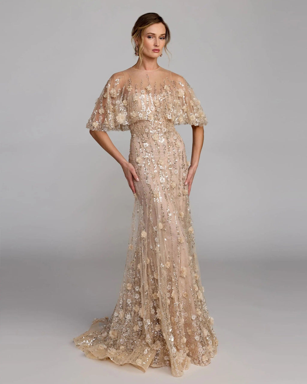Almond Embellished Cape Sleeve Evening Gown
