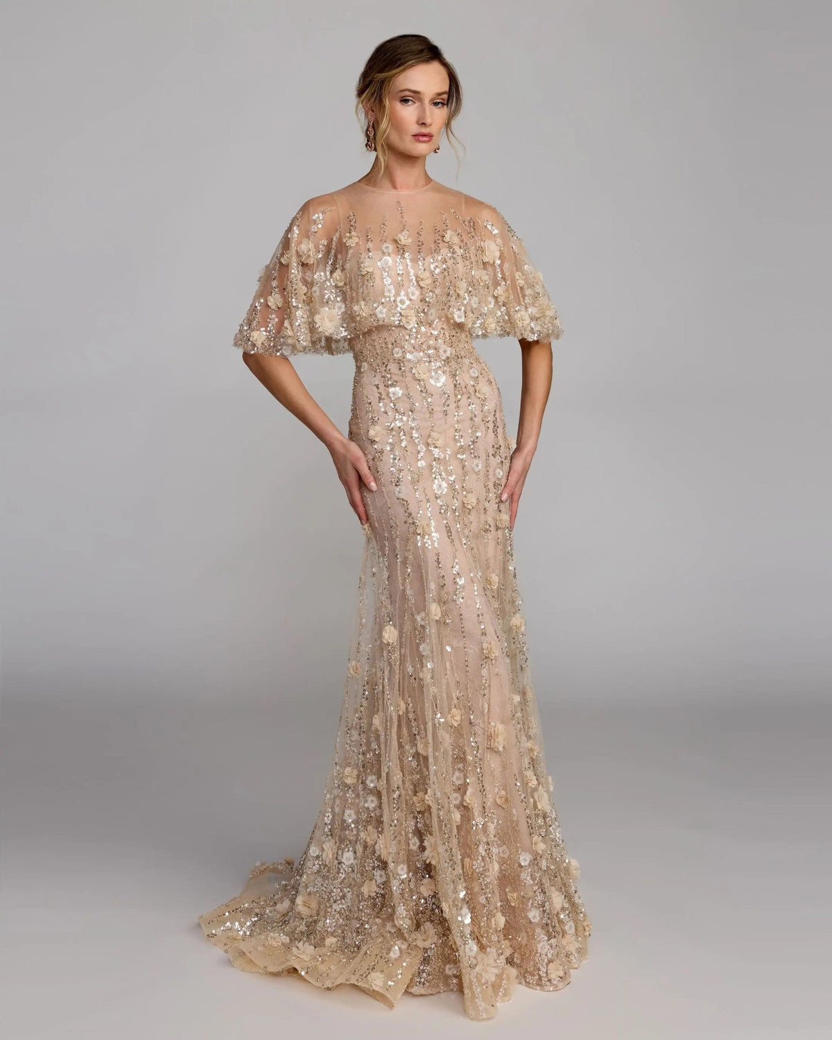 Almond Embellished Cape Sleeve Evening Gown
