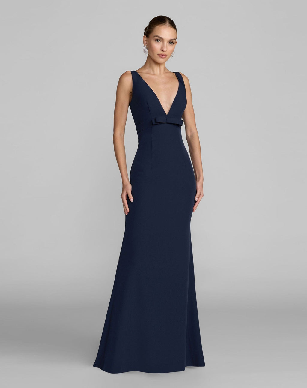 Midnight Crepe V-Neck Mermaid Gown With Bow