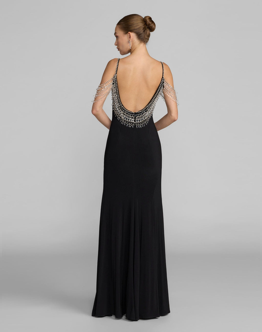 Black Beaded Jersey Scoop Back Gown with Slit