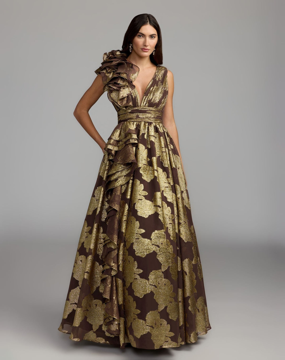 Chocolate Metallic V-Neck Ruffle Detail Ball Gown