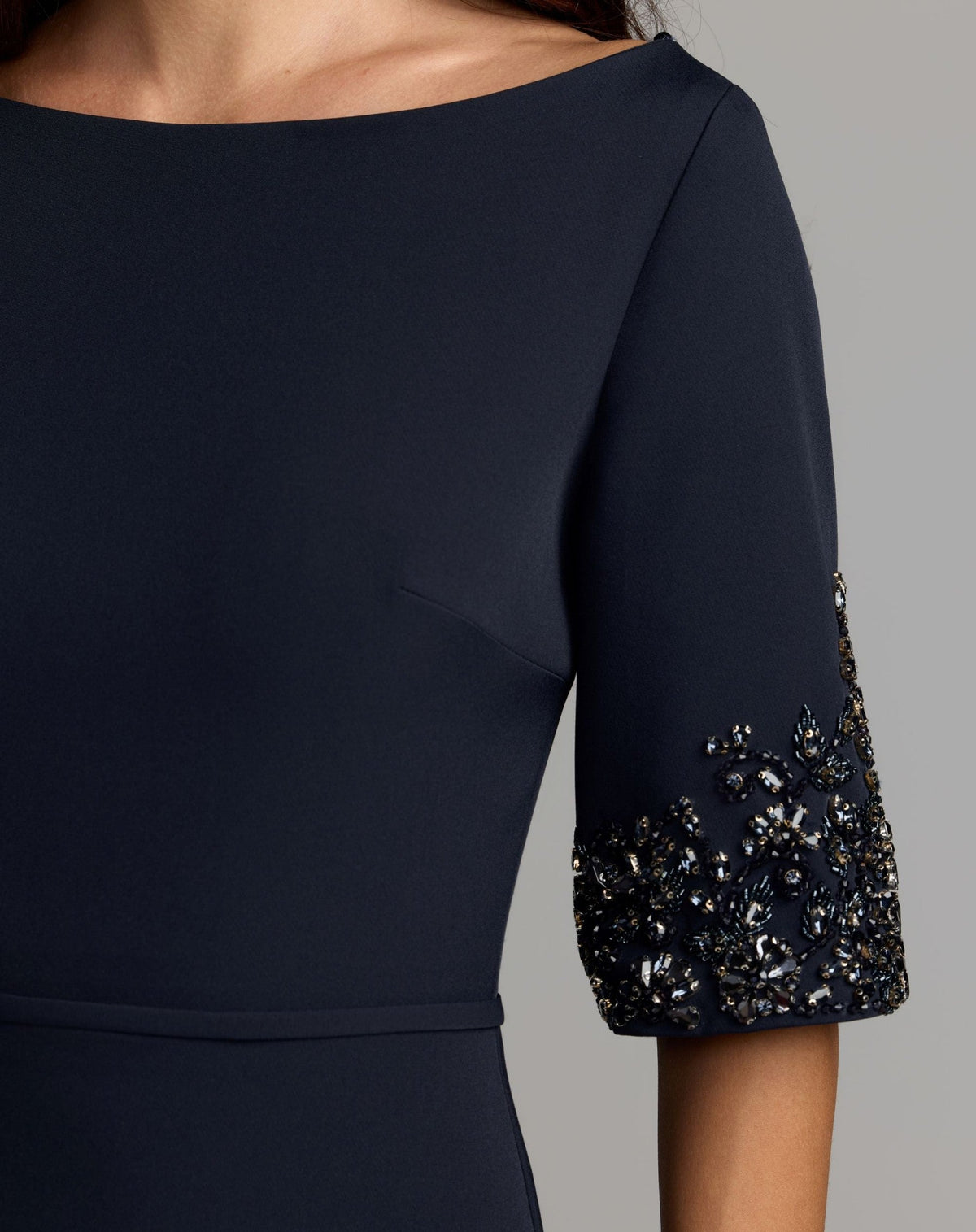 Midnight A-Line Crepe Gown With Beaded Sleeves