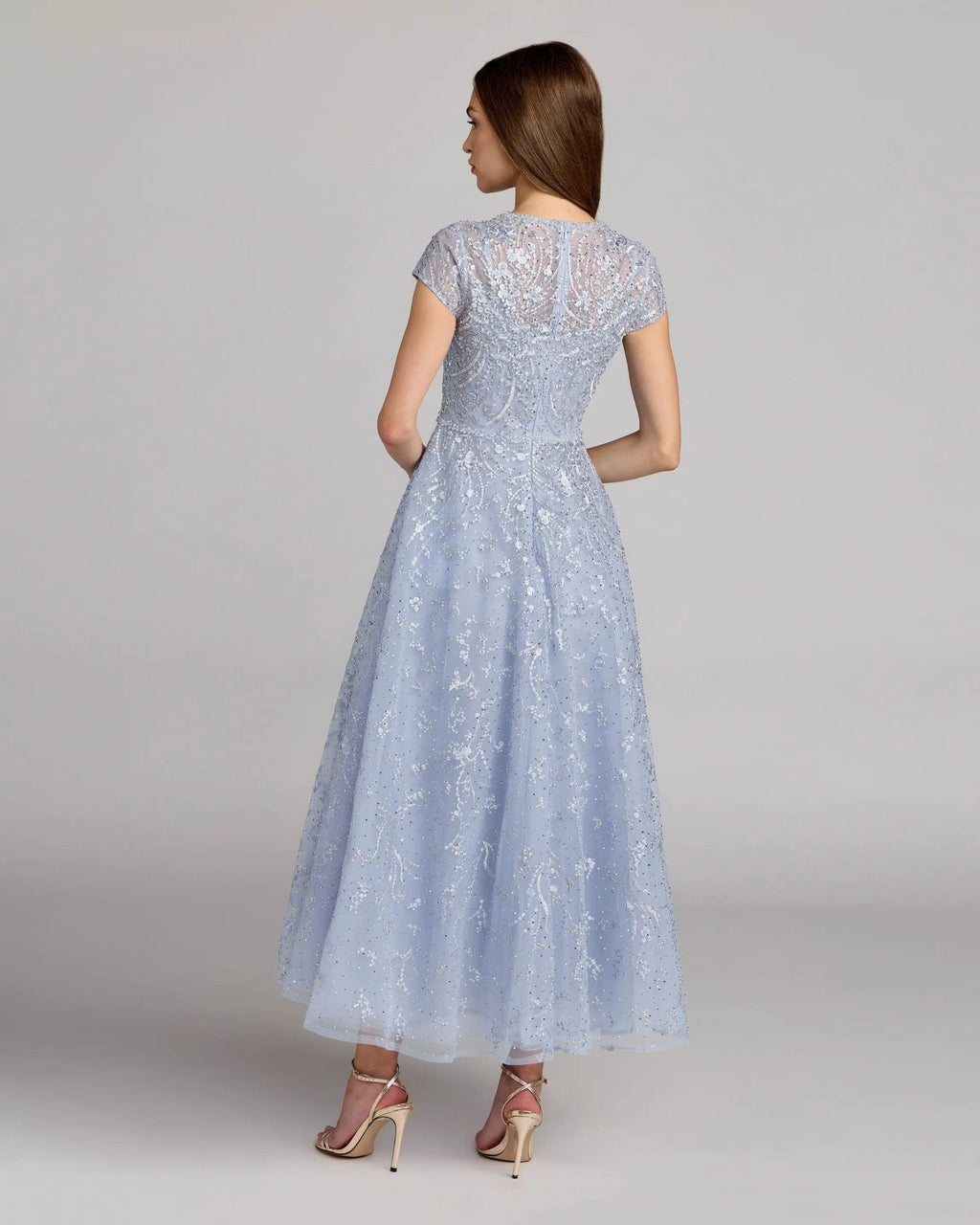 Powder Blue Embroidered Tulle Midi Dress