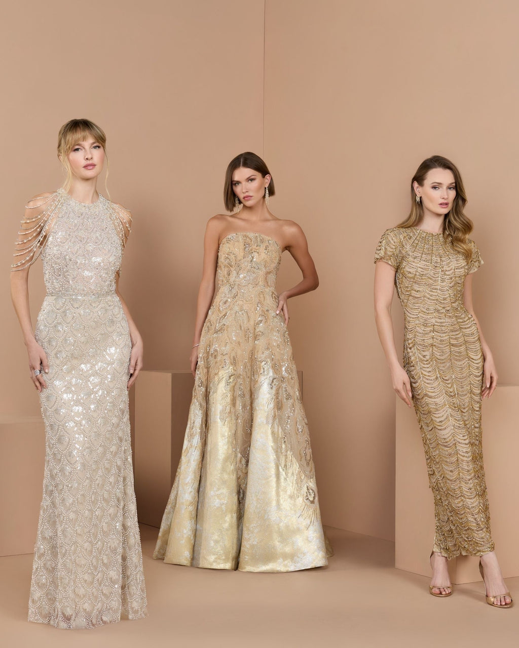 Gold Beaded Cap Sleeve Column Dress