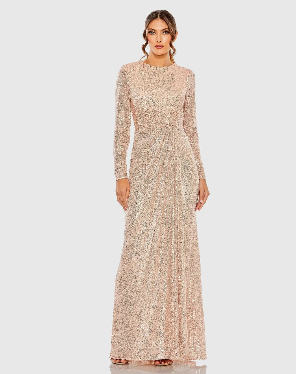 Rose Gold Sequined Side Knot Long Sleeve Gown