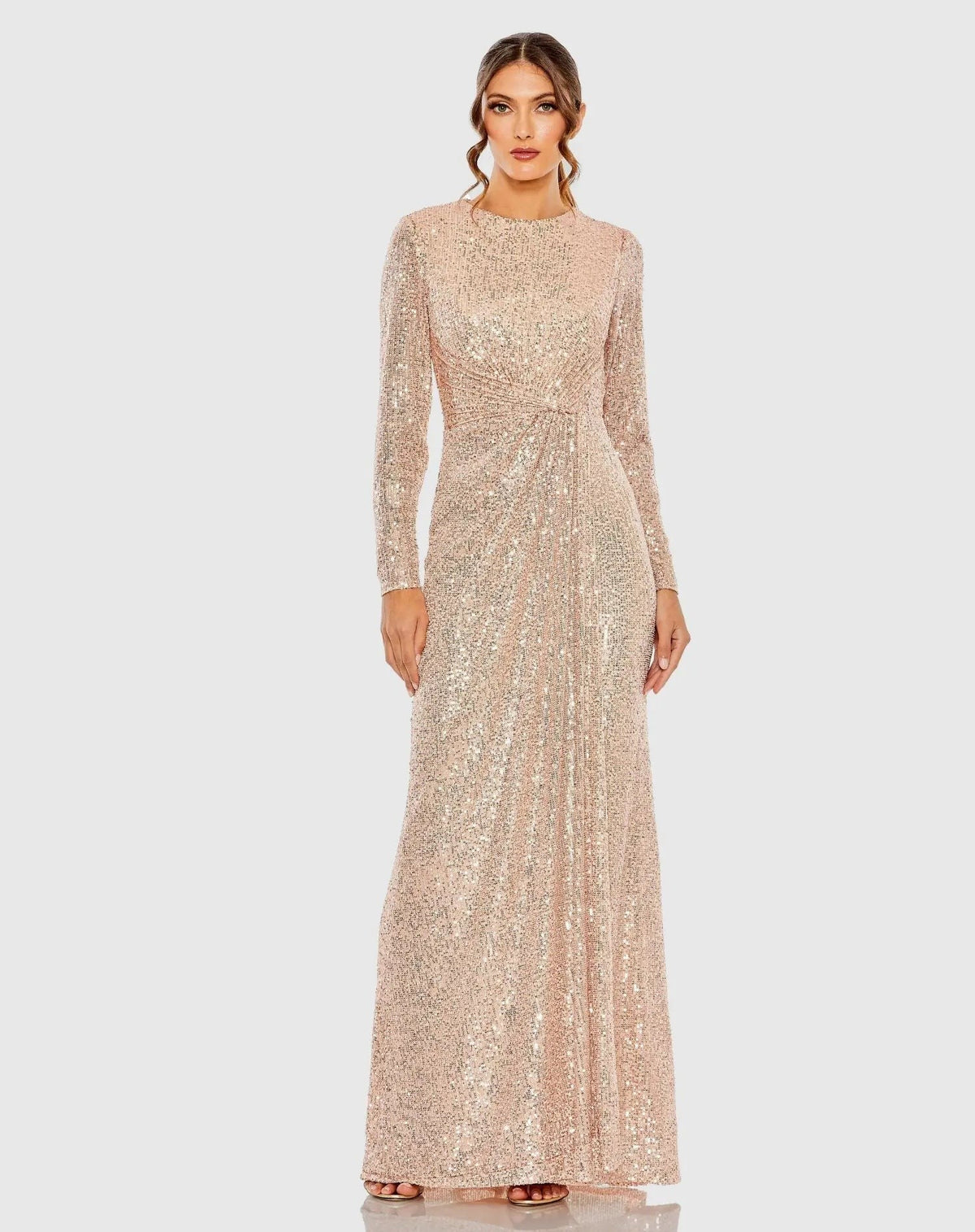 Rose Gold Sequined Side Knot Long Sleeve Gown