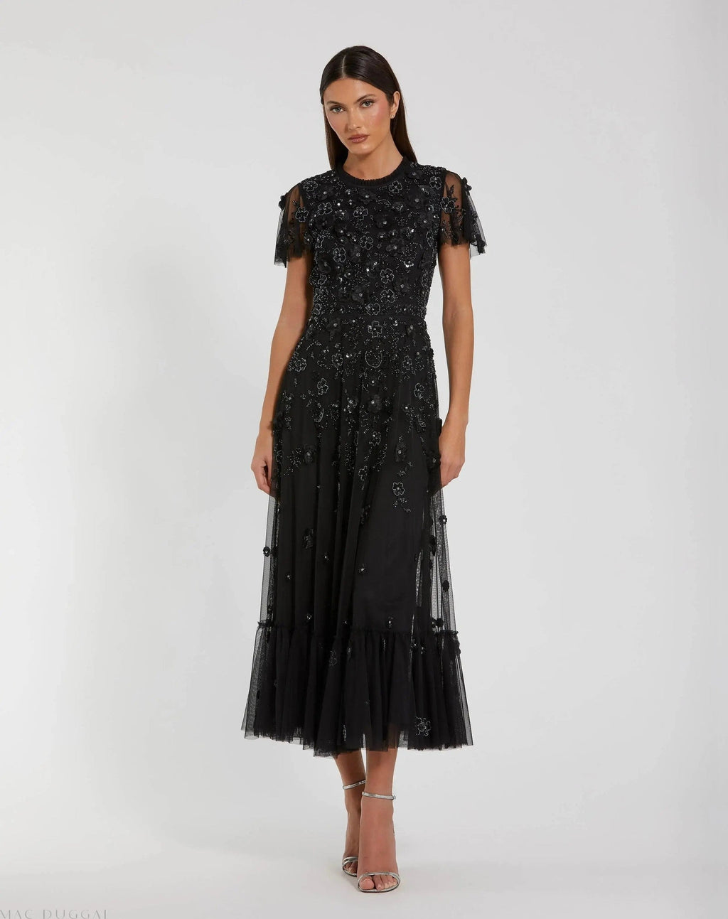 Embellished High Neck Cap Sleeve A Line Dress