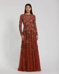 Cinnamon Embellished High Neck Long Sleeve A Line Gown