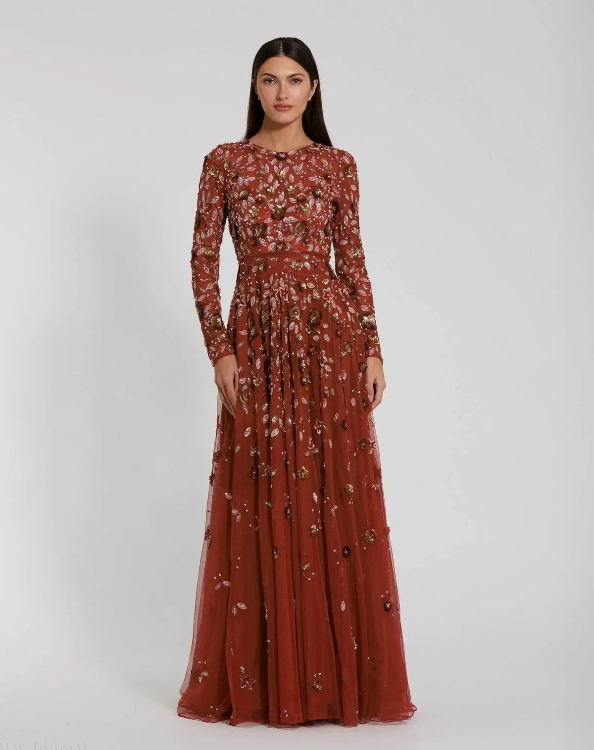 Cinnamon Embellished High Neck Long Sleeve A Line Gown